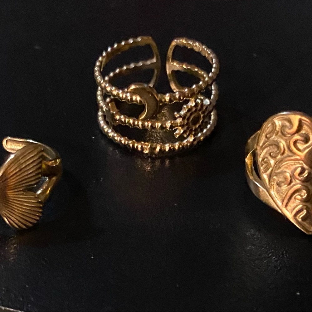 3 pc Stainless Steel Rings Set With Gold Plated, Adjustable Open Cuff